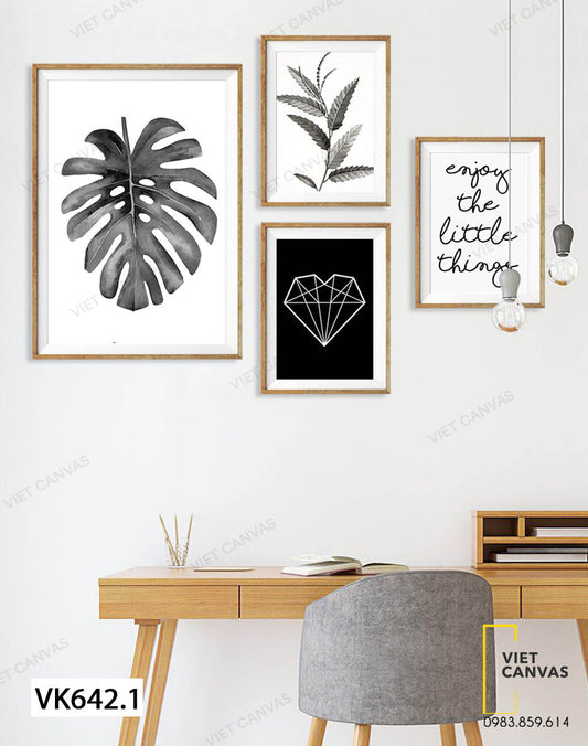 Bộ 4 Tranh Lá Cây, Kim Cương Và Quotes - VK642.1