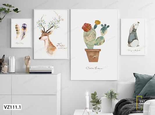 Bộ 4 Tranh Hươu, Thỏ, Lông Vũ Và Chậu Xương Rồng - VZ111.1
