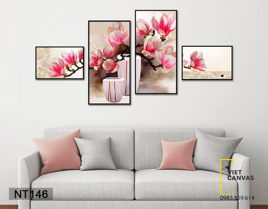 Bộ 4 Tranh Hoa Tone Trắng Hồng - NT146