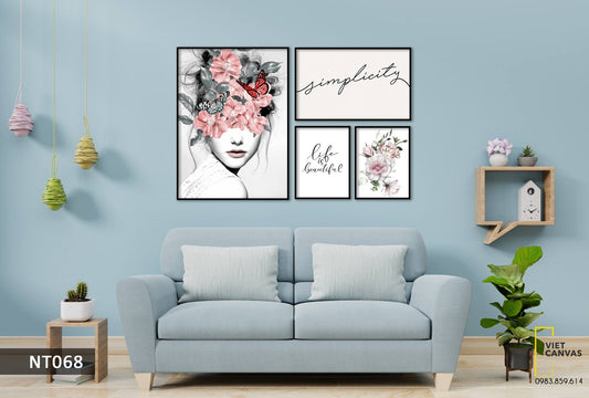 Bộ 4 Tranh Quotes, Hoa Và Cô Gái - NT068