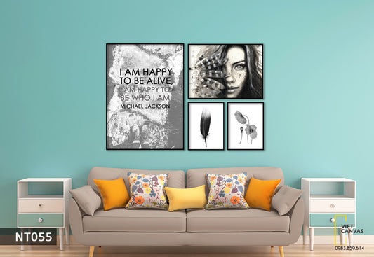 Bộ 4 Tranh Cô Gái, Lông Vũ, Cánh Hoa Và Biển Cả - NT055