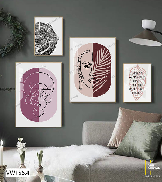Bộ 4 Tranh Khuôn Mặt Cô Gái, Vân Gỗ Và Lá Cây - VW156.4