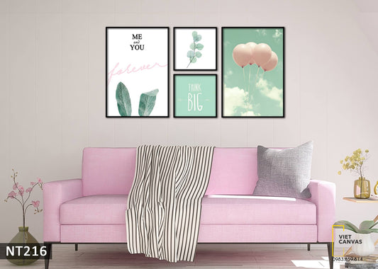 Bộ 4 Tranh Lá Xanh, Bong Bóng Và Quotes - NT216