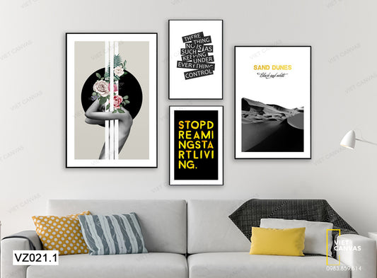 Bộ 4 Tranh Cô Gái Bên Hoa, Sa Mạc Và Quotes - VZ021.1