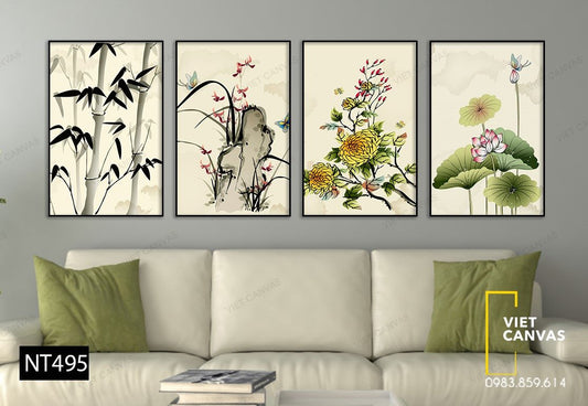 Bộ 4 Tranh Cành Trúc, Đám Cỏ, Cánh Hoa Và Hồ Sen - NT495
