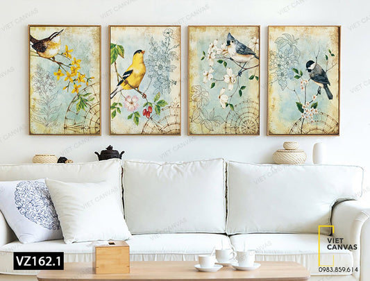 Bộ 4 Tranh Những Chú Chim Đậu Cành Hoa - VZ162.1