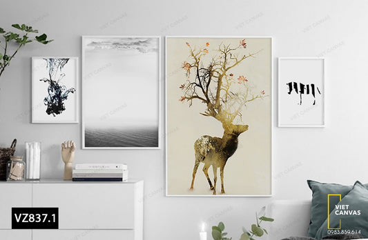 Bộ 4 Tranh Hươu, Ngựa Và Trừu Tượng - VZ837.1