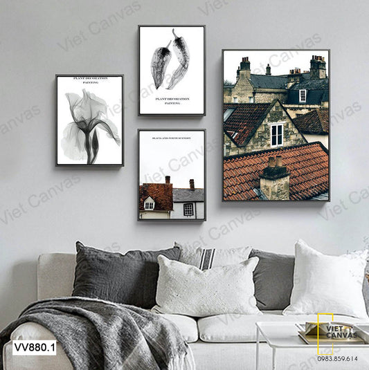 Bộ 4 Tranh Những Mái Nhà Và Hoa - VV880.1