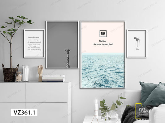 Bộ 4 Tranh Hươu Cao Cổ, Biển Xanh Và Quotes - VZ361.1