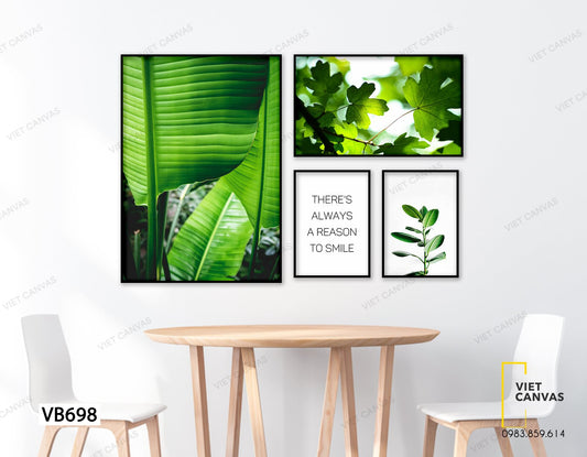 Bộ 4 Tranh Lá Cây Xanh Và Quotes There's always A Reason To Smile - VB698