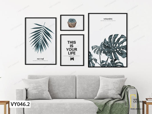 Bộ 4 Tranh Chậu Cây, Lá Xanh Và Quotes This Is Your Life - VY046.2