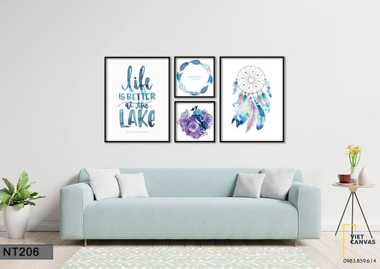 Bộ 4 Tranh Hoa Lá, Dream Catcher Và Quotes - NT206