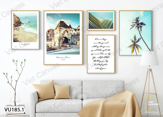 Bộ 5 Tranh Bãi Biển, Tòa Nhà, Quotes Và Cây Dừa - VU185.1