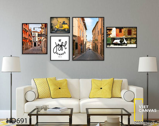 Bộ 5 Tranh Khu Nhà Với Những Chiếc Xe Cổ Và Quotes - HD691