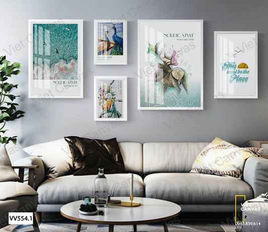 Bộ 5 Tranh Biển, Chim Công Và Con Nai - VV554.1