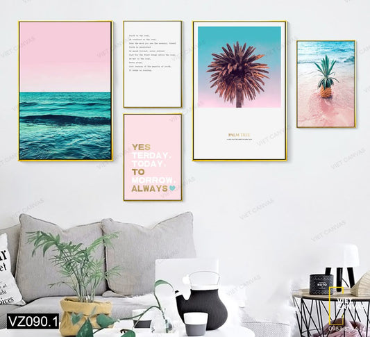 Bộ 5 Tranh Cây Cối, Quả Dứa, Quotes Và Biển Trời Lãng Mạn - VZ090.1