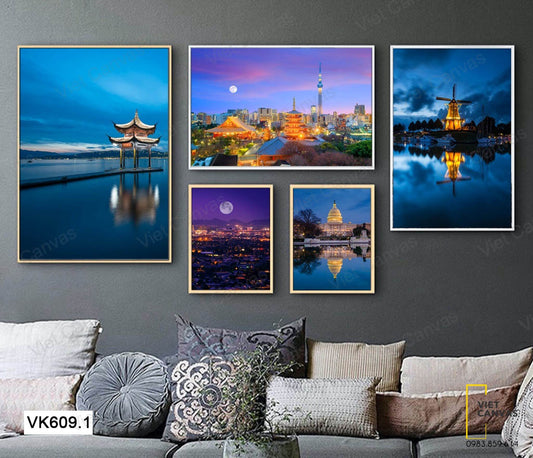 Bộ 5 Tranh Các Ngôi Chùa, Nhà, Phố Về Đêm - VK609.1