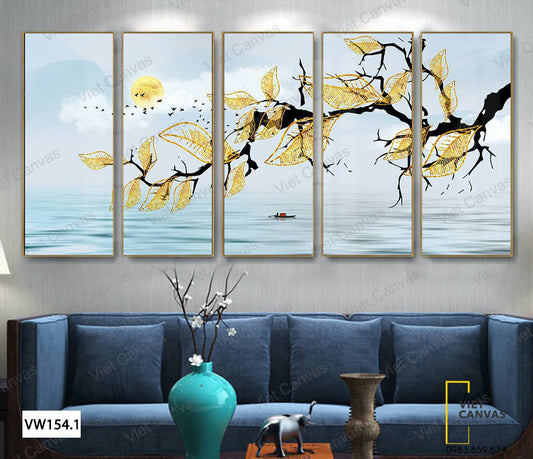 Bộ 5 Tranh Cảnh Biển Và Cành Hoa Nở - VW154.1