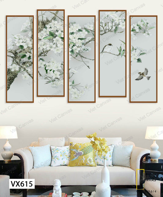 Bộ 5 Tranh Cành Đào Trắng Và Chú Chim - VX615