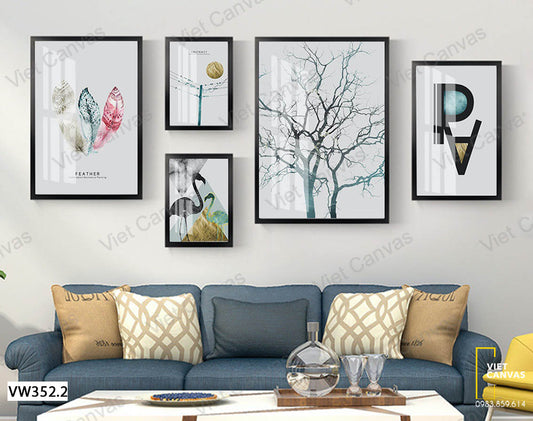 Bộ 5 Tranh Cây, Hạc Và Những Chiếc Lông - VW352.2