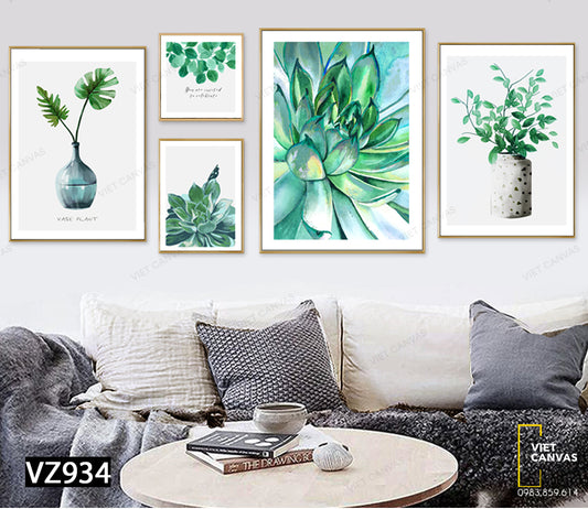 Bộ 5 Tranh Chậu Cây Xanh Ngát Và Sen Đá Tươi Xanh - VZ934