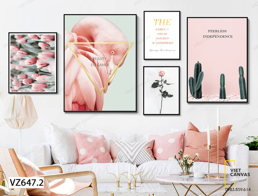 Bộ 5 Tranh Hoa Tulip, Xương Rồng, Quotes, Chim Hồng Hạc Và Hoa Hồng - VZ647.2