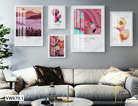 Bộ 5 Tranh Chim Hồng Hạc, Chú Chó Và Cam - VW870.1