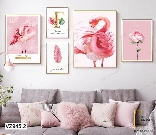 Bộ 5 Tranh Hồng Hạc , Hoa Hồng Và Lông Vũ - VZ945.2