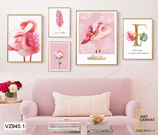 Bộ 5 Tranh Chim Hồng Hạc, Lá Cây, Lông Vũ Và Hoa Hồng - VZ945.1