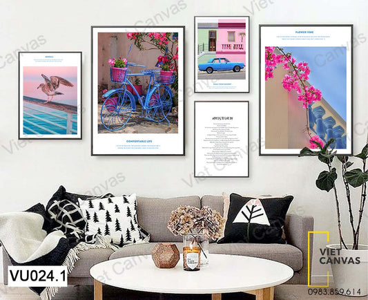 Bộ 5 Tranh Chim , Xe Và Nhành Hoa Giấy- VU024.1