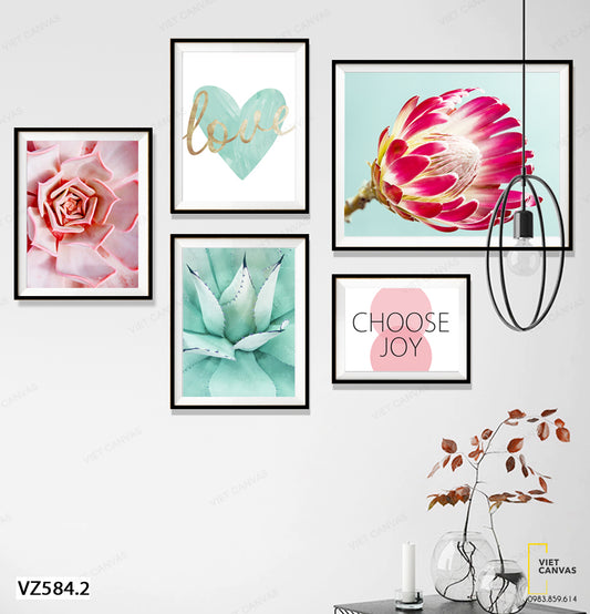 Bộ 5 Tranh Hoa Nở, Sen Đá Và Quotes - VZ584.2