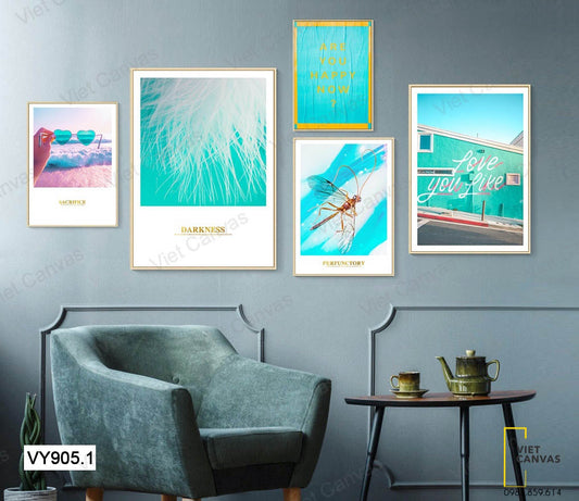 Bộ 5 Tranh Chuồn Chuồn, Bức Tường, Bãi Biển Và Lông Vũ - VY905.1