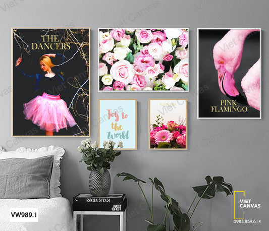 Bộ 5 Tranh Cô Gái, Hoa Và Hồng Hạc - VW989.1