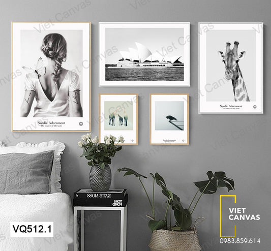 Bộ 5 Tranh Cô Gái, Hươu Cao Cổ Và Tàu Biển - VQ512.1