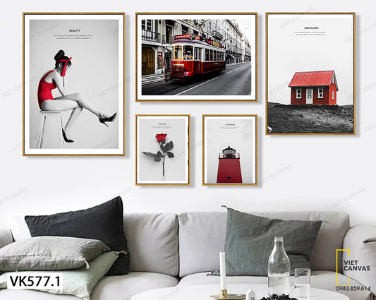 Bộ 5 Tranh Cô Gái, Nhà, Xe, Hoa Và Ngọn Hải Đăng - VK577.1