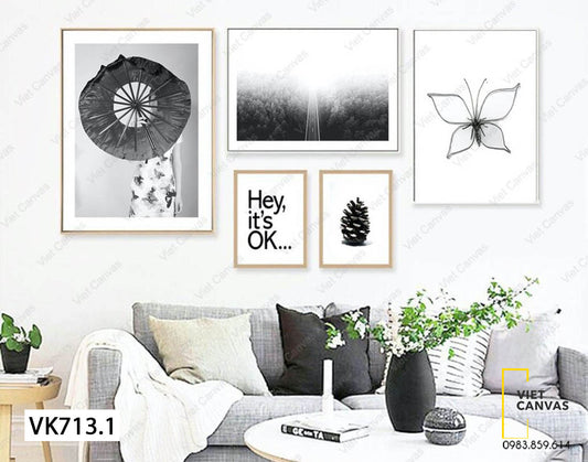 Bộ 5 Tranh Con Bướm, Trái Thông, Khu Rừng, Cô Gái Và Chiếc Dù - VK713.1