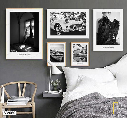 Bộ 5 Tranh Trắng Đen Cô Gái Và Chiếc Xe - VV069