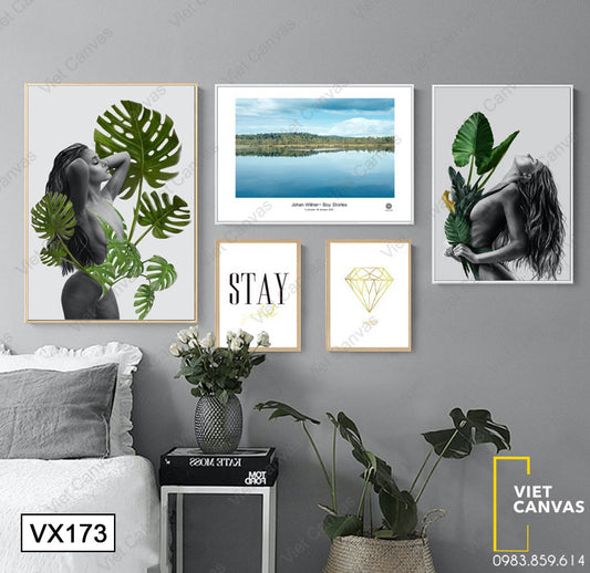 Bộ 5 Tranh Cô Gái, Lá Cây, Sông Nước Và Quotes - VX173