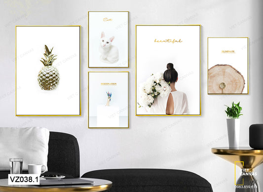 Bộ 5 Tranh Quả Dứa, Vân Gỗ, Cô Gái Và Chú Mèo - VZ038.1