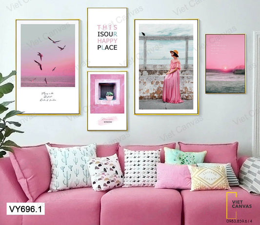 Bộ 5 Tranh Biển, Cô Gái Váy Hồng, Đàn Chim, Chậu Cây Và Quotes -VY696.1