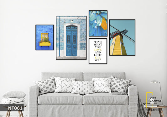 Bộ 5 Tranh Cối Xay Gió, Khung Cửa Sổ Và Quotes - NT061