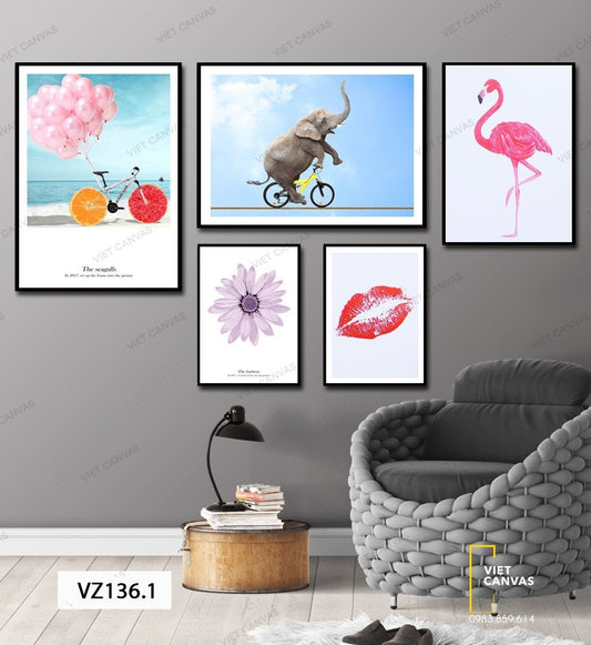 Bộ 5 Tranh Voi, Xe Đạp, Hoa, Đôi Môi Và Hồng Hạc - VZ136.1