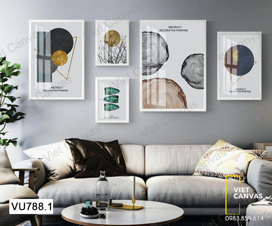 Bộ 5 Tranh Mặt Cắt Thân Cây Và Hình Học - VU788.1