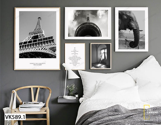 Bộ 5 Tranh Đỉnh Tháp, Con Voi, Cô Gái Bên Cửa Sổ Và Quotes - VK589.1