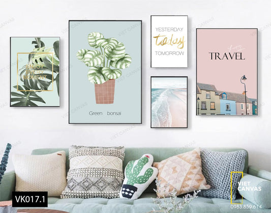 Bộ 5 Tranh Lá Cây Xanh, Khu Phố, Bãi Biển Và Quotes - VK017.1