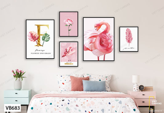 Bộ 5 Tranh Hoa Lá, Lông Vũ Và Hồng Hạc - VB683