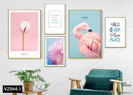 Bộ 5 Tranh Hồng Hạc, Hoa, Trừu Tượng Và Quotes - VZ044.1