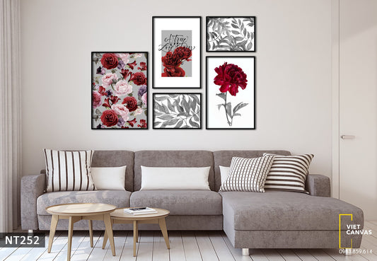 Bộ 5 Tranh Hoa Hồng Đỏ Và Lá Cây - NT252
