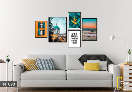 Bộ 5 Tranh Biển Cả, Lá Cây, Khung Cửa Sổ, Khu Phố Và Quotes - NT090