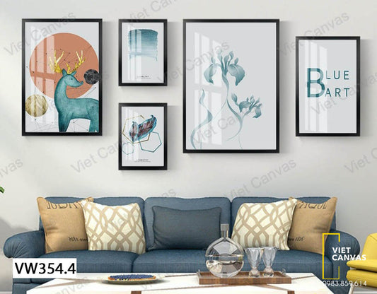 Bộ 5 Tranh Hươu, Chim, Lá, Quotes Và Nét Màu - VW354.4